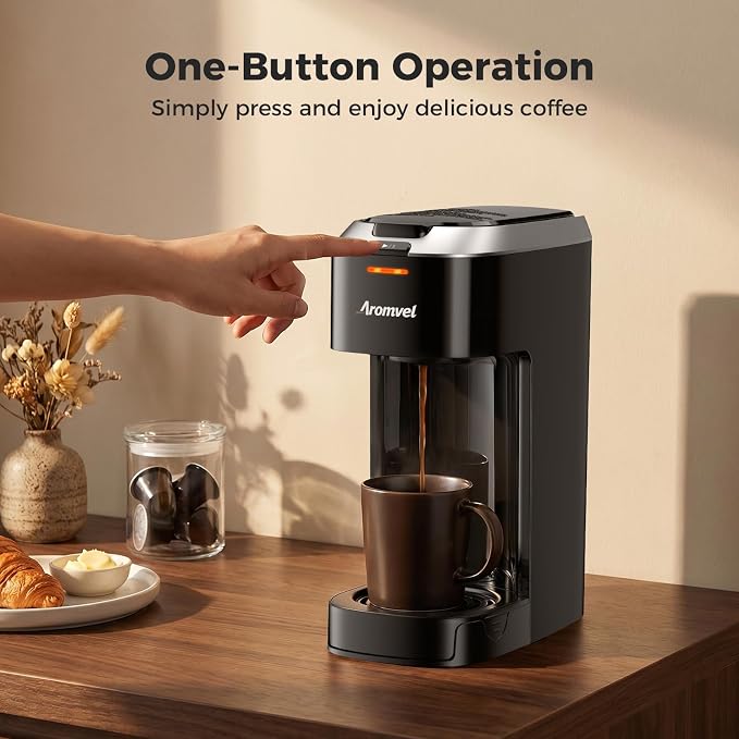 Single Serve Coffee Maker for K Cup Pods, One Button Coffee Maker, 6-14oz Brew Sizes, Fits Travel Mug, Compact for Small Kitchen, Office, Dorm, RV, Silver