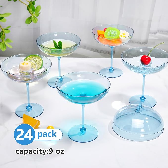 LemonRoad 24 Pcs Plastic Coupe Glasses 9 oz Disposable Martini Glasses for Cocktails, Champagne, Desserts and Espresso, Drinkware Set for Weddings, Birthday Parties, Home Bars (Blue)