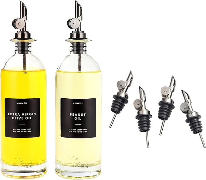 Molimoli Oil and Vinegar Dispenser with Metal Pour Spout, Weighted Pourer, Glass Bottle Dispenser for Kitchen | Weighted Stainless Steel Pourers, Pack of 4 (Pourers), 500ml Oil Bottles Black