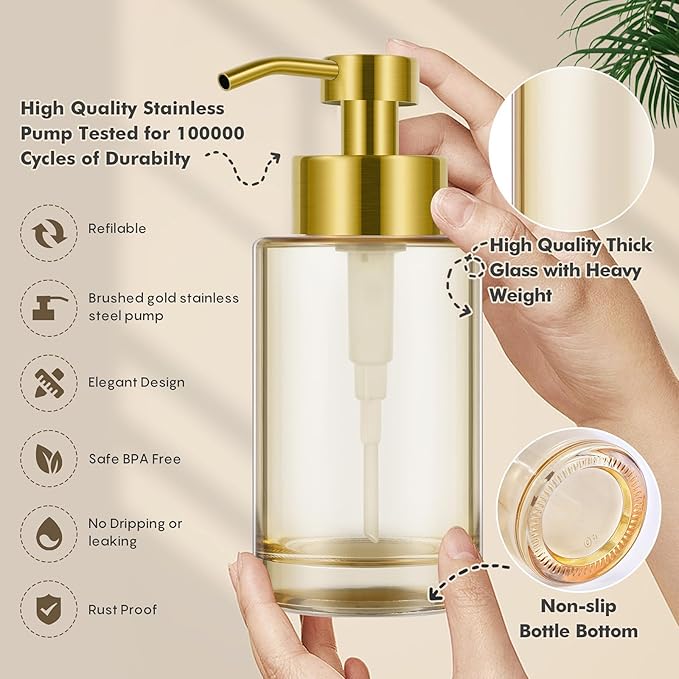Foaming Hand Soap Dispenser,12oz Glass Foaming Soap Dispenser for Bathroom,Thick Glass Foam Soap Dispenser with Stainless Steel Foam Pump