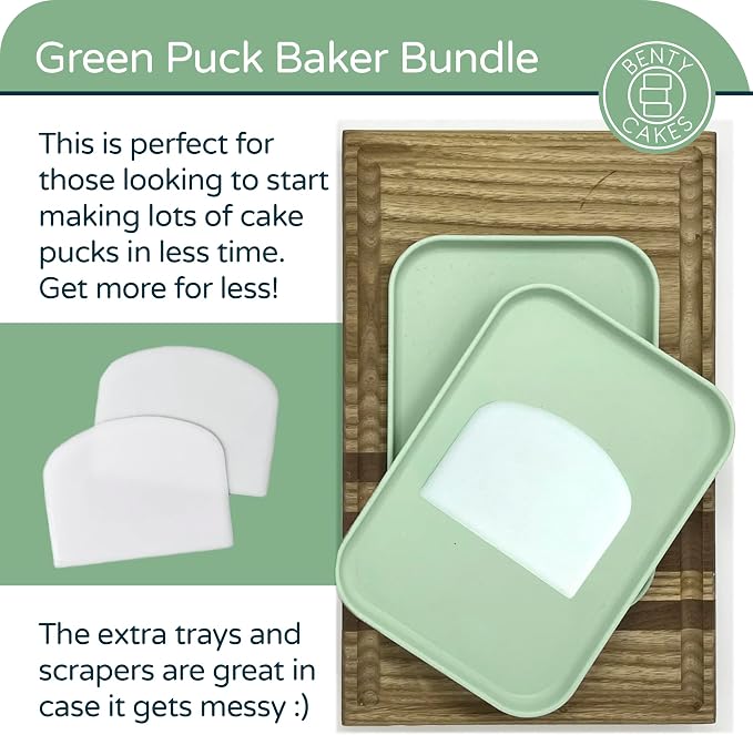Benty Cakes – The Original Cake Puck Baker Bundle – Better than a Cake Pop! Make Chocolate Covered Dessert – BPA Free Silicone – Includes 3 Mold Sets + 5 Trays + 6 Scrapers – Green