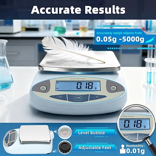 Lab Scale 5000g x 0.01g,13 Unit 0.01g Accuracy High Precision Digital Analytical Balance, Electronic Laboratory Precision Gram Scale Digital Kitchen/Jewelry/Scientific Scale