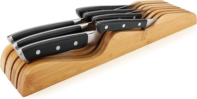 ROYALHOUSE Bamboo Knife Block Holder, In-Drawer Knife Drawer Organizer,Knife Block without Knives, Fit for 7 Knives, Perfect for Home and Chefs, Gift for Any Occasion and Housewarming