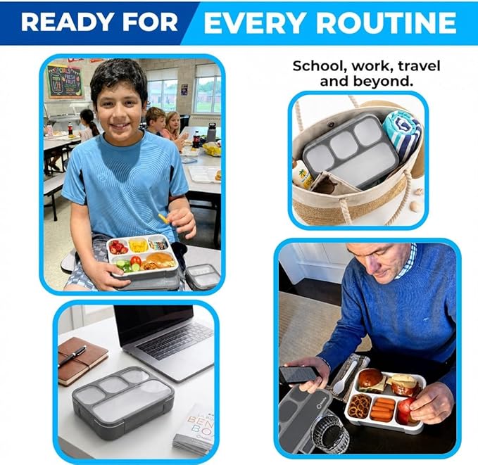 kinsho Bento Lunch Box Container for Kids Adults, Portion Control Meal Prep and Snack Containers, Japanese Style Boxes with 4 Compartments for Boys Teens, School Work and Travel BPA Free | Gray