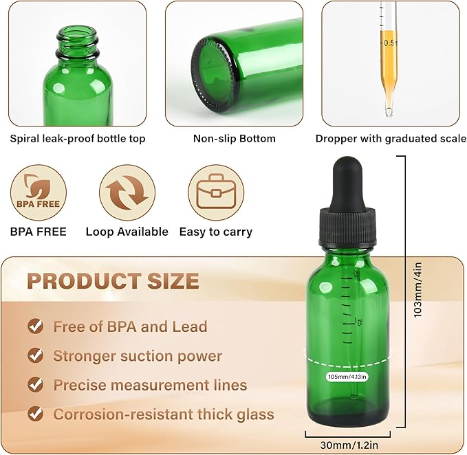 NOOEEISS 12 Pcs, 1oz Dropper Bottle, Green Glass Eye Dropper Bottle,Tincture Bottles with Dropper, Leak-Proof Design, Stronger Suction, for All Kinds of Mixed Liquids