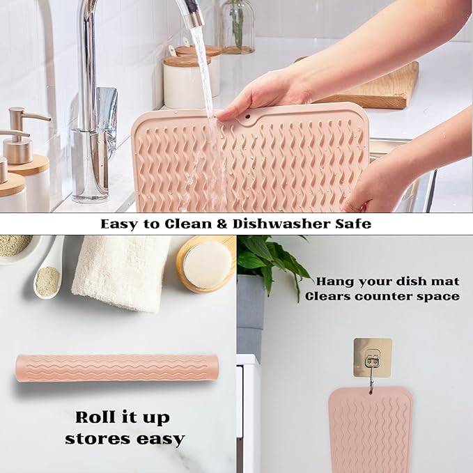 ZLR Silicone Dish Drying Mat & Heat Resistant Trivet (12" x 16") - Waterproof Counter Protector for Air Fryer, Coffee Maker - Non-Slip, BPA Free Kitchen Pad, Easy Clean Dishwasher Safe (Peach Pink)