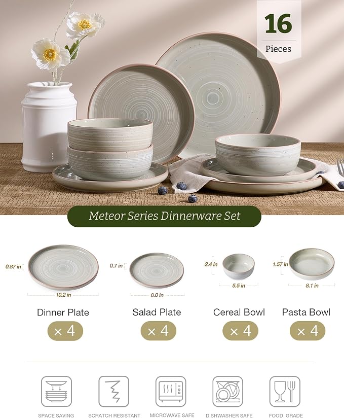 Famiware Meteor Stoneware Dinnerware Sets with Pasta Bowls, Service for 4 (16 Pieces), Plates and Bowls Sets, Microwave and Dishwasher Safe Dishes Set, Matcha Green
