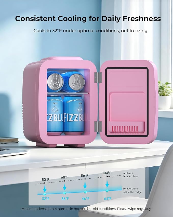 BEICHEN Mini Fridge, 4 Liter/6 Can Portable Refrigerator for Bedroom Office Dorm Car– Fast Cooling, Low Noise, 100-125V AC/5-12V USB Small Compact Refrigerator for Skincare, Food, Drinks(Pink)