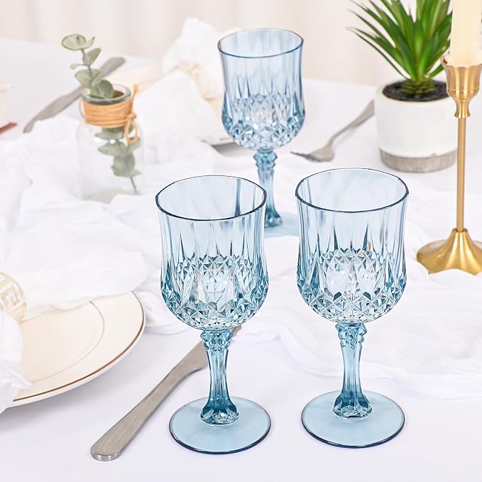 24 Pack Dusty Blue Plastic Wine Glasses, Vintage Plastic Goblets for Parties, Drinking Glasses Unbreakable Glassware Crystal Water Goblets Reusable Drinkware for Wedding Reception Grand Event Party