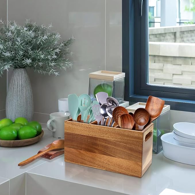 Relaxing Garden Wooden Utensil Holder for Kitchen Counter with Spoon Rest - Acacia Wood Utensil Organizer for Countertop, Rustic Wood Utensil Holder for Kitchen Storage