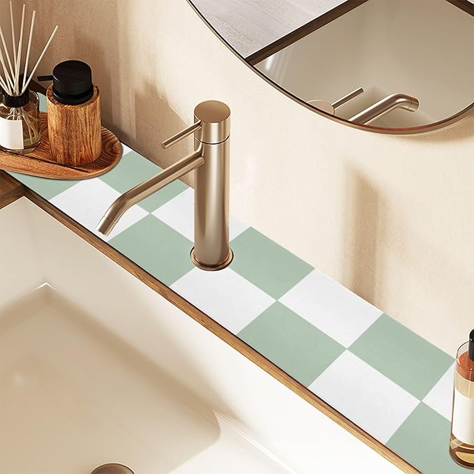 Kitchen Sink Splash Guard 1 PC 14.7 Inch Sink Faucet Mat Splash Guard for Bathroom Countertop Water Absorbent Foldable Cuttable Soft Washable Checkered White and Green