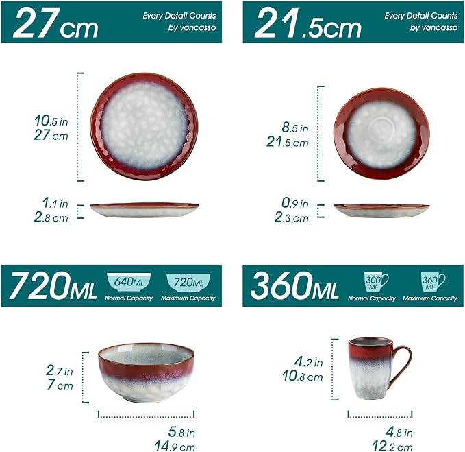 vancasso Starry 16 Pieces Dinnerware Set for 4, Handmade Reactive Glaze Stoneware Plates and Bowls Set, Dishes Set with Mugs for 4, Microwave & Dishwasher Safe, Red