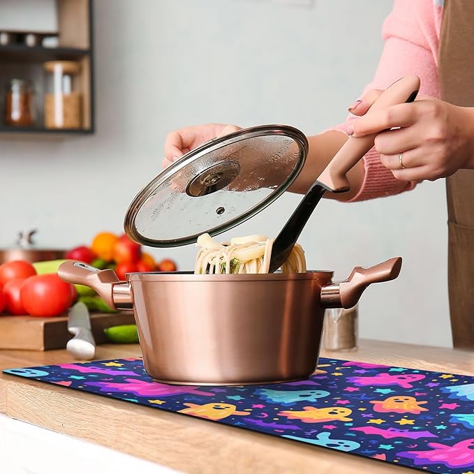 2 in 1 Table Runner Trivet for Hot Pots and Pans Heat Resistant Non Slip Waterproof 39 x 12 Inch Decorative Table Protector for Kitchen Countertop Neon Halloween Ghosts Stars Bats