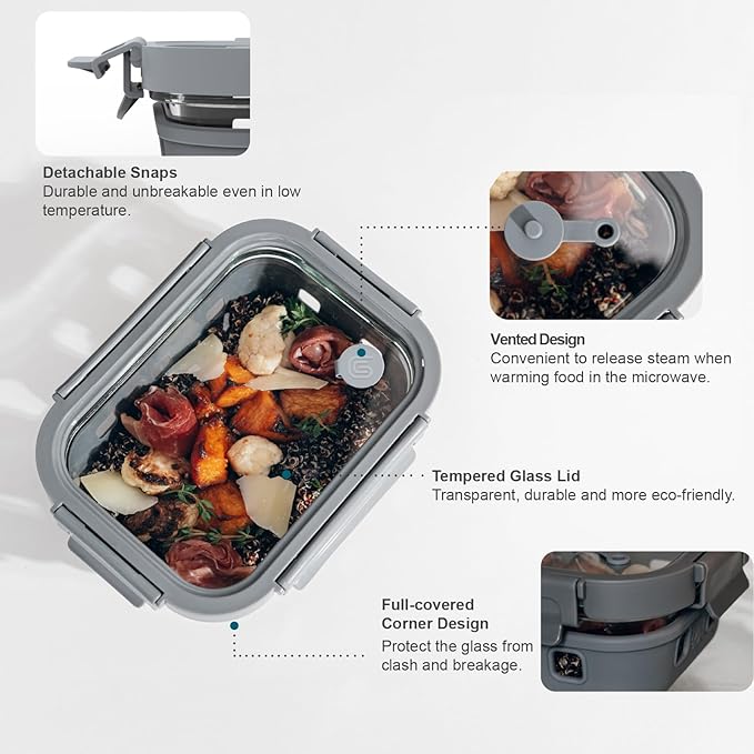 GENICOOK Glass Food Storage Containers with Glass Lids, Microwave Safe Food Container Set, Aitight Meal Prep Container Set, LeakProof, slicone sleeve,100% Plastic Free, 5 Pack 22oz