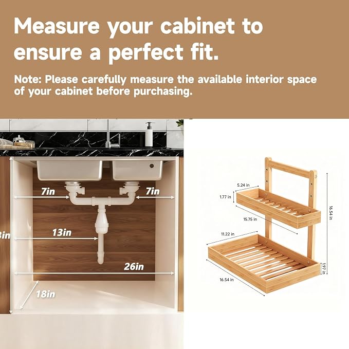 Bamboo Undersink Organizer Storage - 2-Tier Cabinet Shelf with Adjustable Levels, Under Sink Storage Slide Out for Cabinet Pantry Kitchen Bathroom (Natural, 1 Pack)