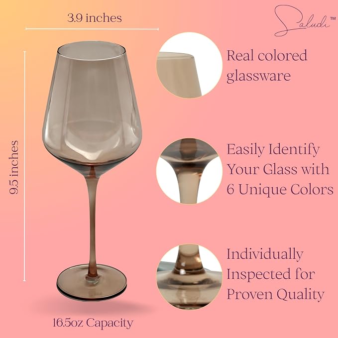 Saludi Colored Wine Glasses, 16.5oz (Set of 6) Stemmed Multi-Color Glass - Great for all Wine Types and Occasions - Luxury, Durable, Hand-Blown