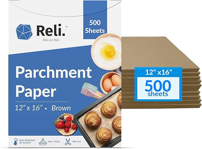 Reli. 500 Pcs Parchment Paper Sheets, Bulk | 12x16 in. | Brown Parchment Sheets, Baking Paper | Non-Stick, Pre-Cut Pan Liners | Brown | Disposable for Baking, Air Fryer, Grilling
