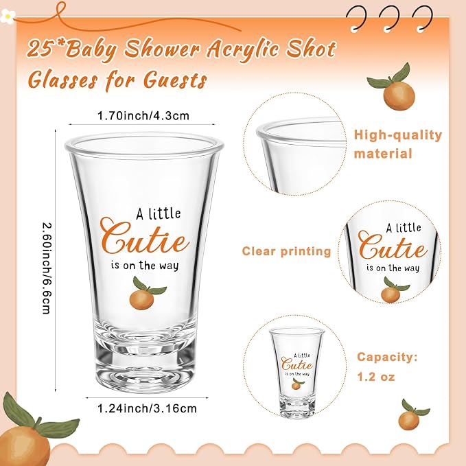 Pickmesh 25 Sets Little Cutie Baby Shower Shot Glasses for Guests Include Little Cutie Is on The Way Acrylic Shot Glasses Oranges Cards Bags for Gender Reveal Orange Theme Tangerine Party Supplies
