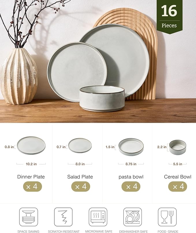 Famiware Annecy Plates and Bowls Sets, Service for 4 (16 Pieces), Dinnerware Sets with Pasta Bowls, Microwave and Dishwasher Safe Dishes Set, Chip and Scratch Resistant, Grey White