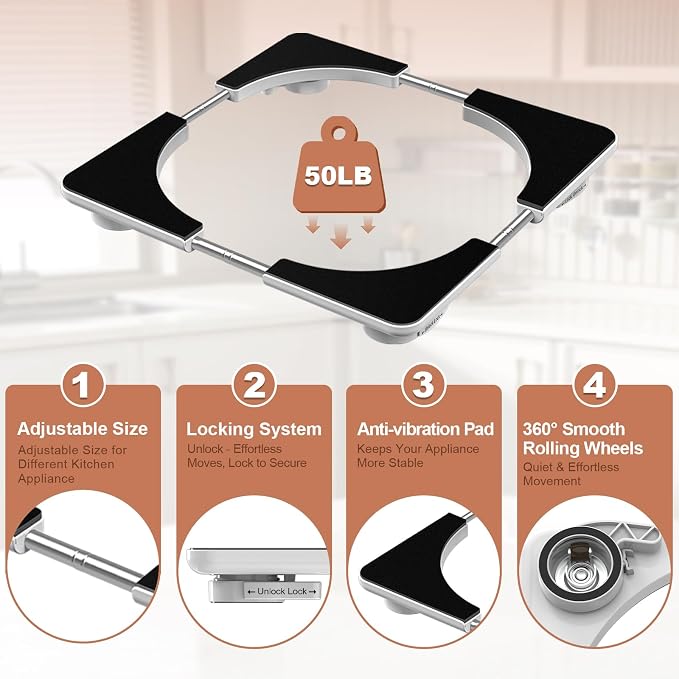 Adjustable Appliance Sliding Tray - Expandable 11" x 11"- 20" x 20" Slider Tray for Kitchen Appliances - 360° Countertop Rolling Tray with Locking Brakes for Coffee Makers