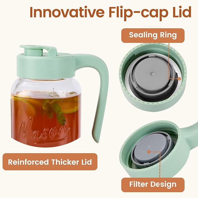 Mason Jar Pitcher - Airtight & Leakproof Glass Pitcher with Lid, Perfect for Breastmilk, Cold Brew, and Sun Tea, 2 Quart (64 oz) Mason Jar with Pour Spout Lid