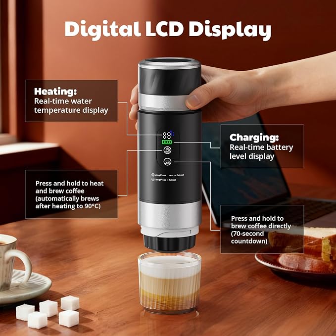Portable Espresso Maker with Removeable Battery, Portable Espresso Machine with USB-C, 3-in-1 Small Espresso Machine with Ground Coffee & Capsules (NS＆DG) for RV, Hiking (Black)