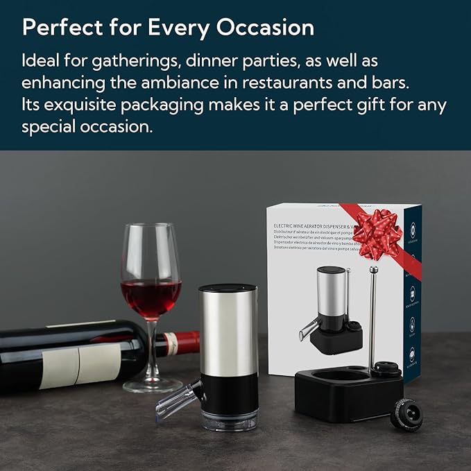 KITCHENDAO Rechargeable Electric Wine Aerator Dispenser and Wine Saver Pump, Automatic Wine Pourer with USB-C Cable, Storage Base and 2 Stoppers, Built-in Sound Indicator,Gift for Valentine's Day