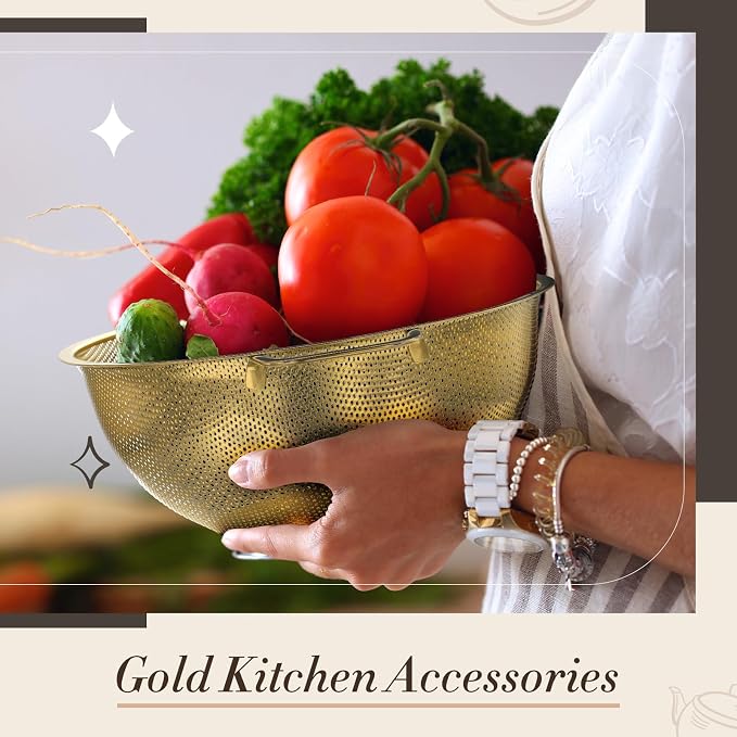 Baderke 6 Pcs Gold Kitchen Accessories Set Includes 3 Gold Mixing Bowls with Airtight Lids Stainless Steel Colander Grater Slicer and Fine Mesh Strainer(Mixing Bowls: 2.8/3.7/5 Qt, Colander: 4 Qt)