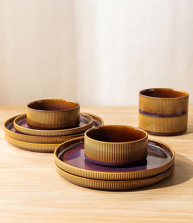 TheTerra Ceramic Dinnerware Sets for 8, 24 Pieces Porcelain Lightweight Plates and Bowls Sets, Scratch Resistant Dish Set, Oven & Microwave & Dishwasher Safe, Amber Amethyst