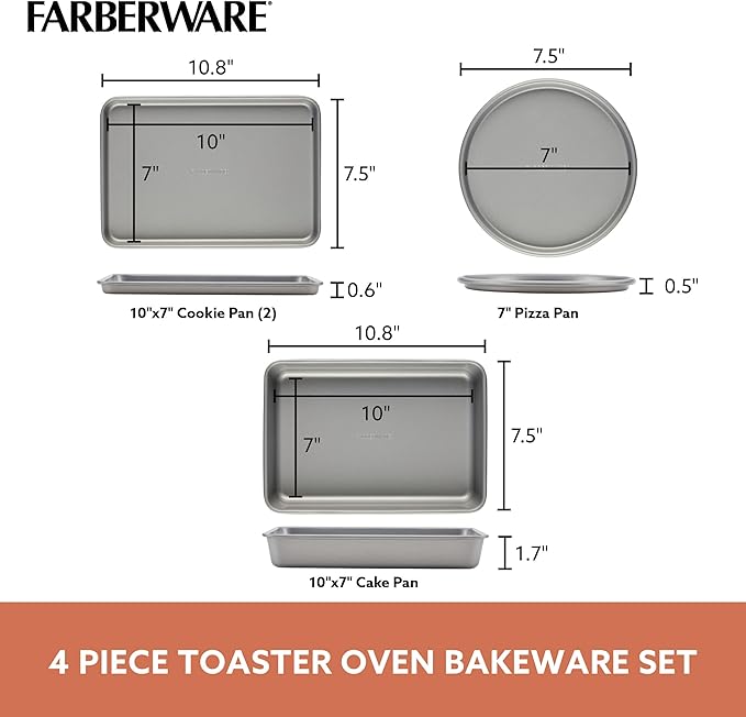 Farberware Bakeware Steel Nonstick Toaster Oven Pan Set, 4-Piece Baking Set, Gray
