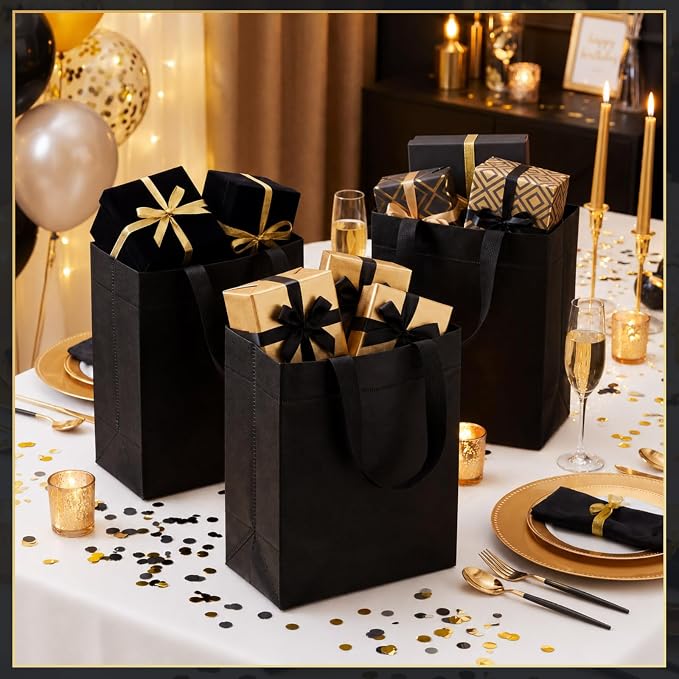Eccliy Reusable Gift Bags Set Glossy Grocery Gift Tote Bag with Handle for Wedding, Bridal Shower, 4th of July, Summer Event(10 x 8 x 4.7 Inch,Black,80 Pcs)