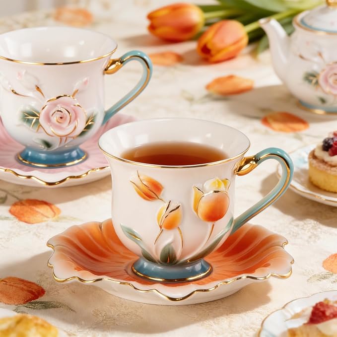 KAMMAK Tea Cups and Saucers Set of 2, Porcelain Coffee Cups, Stackable Espresso Mugs, Ceramic Demitasse for Coffee, Latte, Americano, Tea, Relief - Pink + Orange