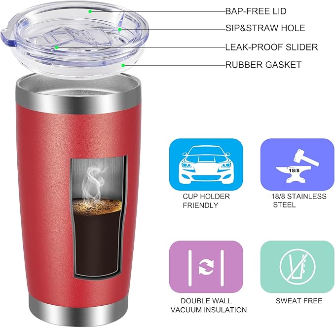 VEGOND 20oz Tumbler with Lid and Straw Stainless Steel Tumbler Cup Vacuum Insulated Double Wall Travel Coffee Mug Powder Coated Coffee Cup, Red, 1 Pack