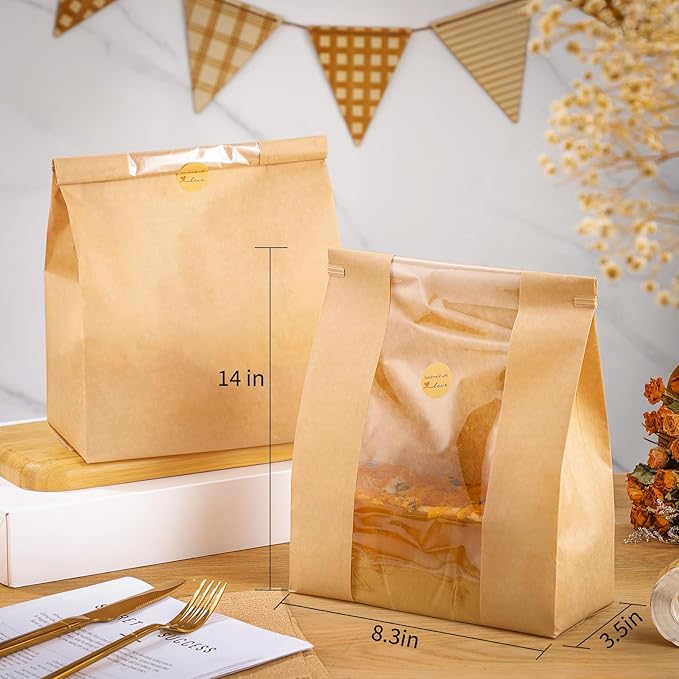 woric 120 Bread Bags for Homemade Bread, Sourdough Bread Bag with Window 14" X 8.3" X 3.5" Large Paper Bakery Bags with Tin Tie Tab Lock Stickers for Food Cookies Packaging Storage
