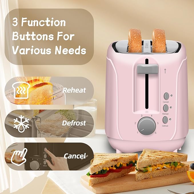 SEEDEEM 4 Slice Toaster, Extra Wide Slots Bread Toaster with 6 Shade Settings, Bagel/Cancel/Defrost/Reheat Functions, Removable Crumb Tray, Auto Shut-Off, Pink