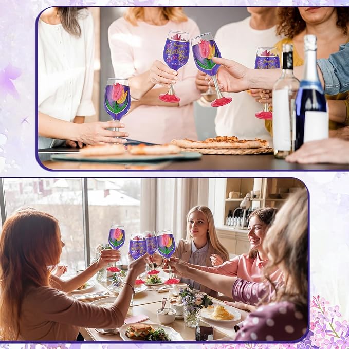 SiliFine 4 Pcs Tulip Party Stemmed Wine Glasses Hand Painted Tulip Flower Drinking Cup Wine Glasses Gifts for Mom Grandmother Mother in Law Birthday Holiday Party Supplies