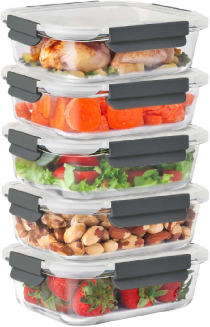ECOBERI 4.5 Cup Glass Meal Prep Containers with Lids & Silicone Sleeves, 5-Pack Airtight, Leak-Resistant Food Storage Containers for Fridge, Freezer, Oven & Microwave