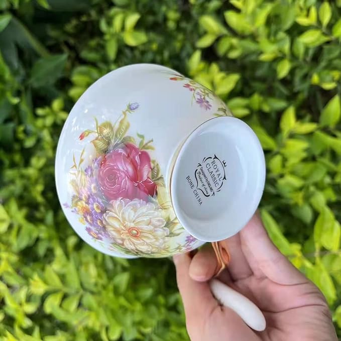 Honorable Coffee Cup Mug, Cappuccino, Tea Cup, with Saucer for Latte, Fine Bone Porcelain, Reactive Glaze, 6.8 Oz-1pcs (Flowers in Full Bloom)