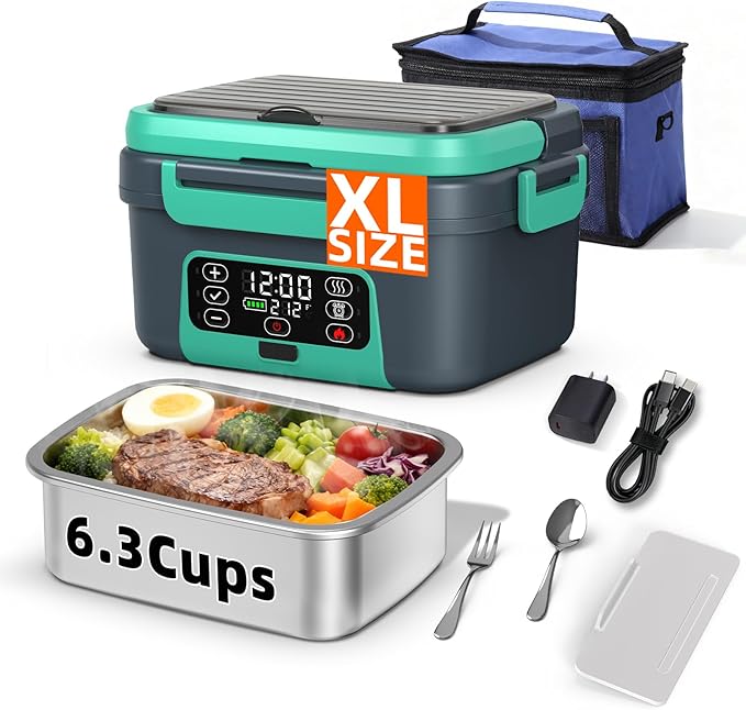 XL 6.3-Cups Cordless Electric Heated Lunch Box for Adults, Rechargeable Battery Powered Smart Self Heating Lunchbox for Men Women, 100W Food Warmer for Trucks Driver Travel Office Worker