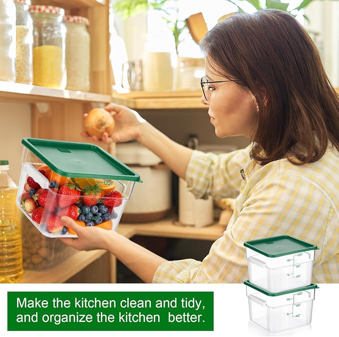 FoldTier 2 Pieces Square Food Storage Containers Polycarbonate Clear food Container with Lid Commercial Storage with Graduations for Commercial Kitchen Dough Marinating Meat(Green,12 Qt)