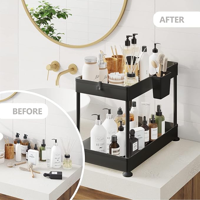 Under Sink Organizers and Storage | Bathroom Cabinet Organizer, Sink Shelf with Utility Hooks and Side Caddy for Under Cabinet Storage | Black (1-Pack) Non Slip Grip Under Kitchen Sink Organizer