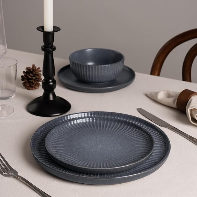 Famiware Starlight 12-Piece Plates and Bowls Sets for 4, Stoneware Dinnerware with Ribbed Textured, Handcrafted Reactive Glaze Dishes - Dishwasher & Microwave Safe, Chip/Scratch Resistant, Matte Grey