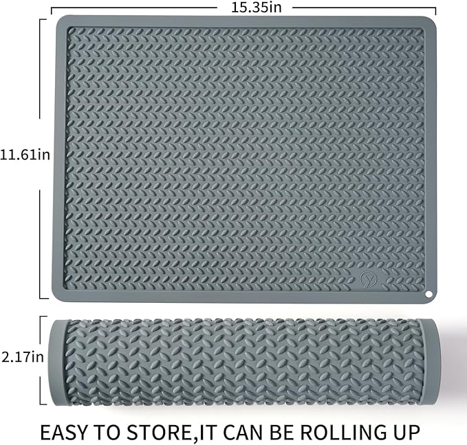 Silicone Drying Mat & Heat Resistant Mat for Kitchen Counter, Non-Slip Dishwasher Safe, Raised Edge for Dishes Bottles Sink (25.5x17.7in, Gery)