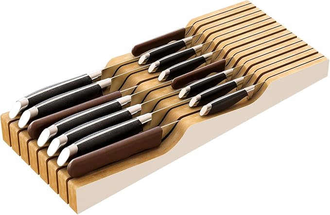 Large Knife Drawer Organizer Insert, Bamboo Wood Knife Holder, Knife Block Hold up To 15 Knives