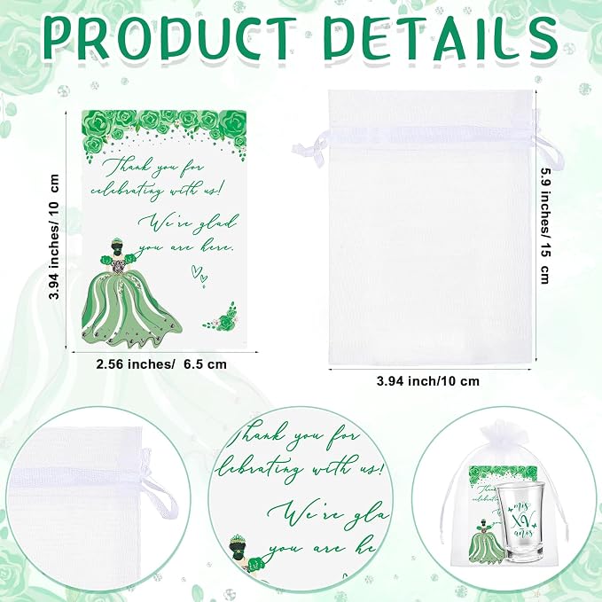 Havawish 50 Sets Quinceanera Party Favors for Guests Quinceanera Acrylic Clear Personalized Shot Glasses Thank You Cards with Organza Bags Mis Xv Años Sweet 15 Birthday Party Favors (Green)