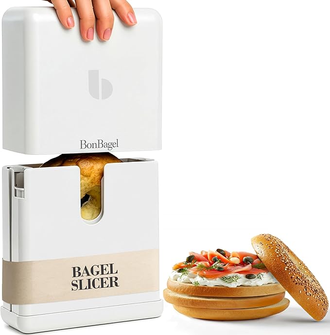 Bagel Cutter Slicer – Precision Bagel Slicer with Auto-Center Holder – Compact 7-Inch Space-Saving Design for Even Cutting Large and Small Bread at Home or Café Kitchen-White – 2nd GENERATION
