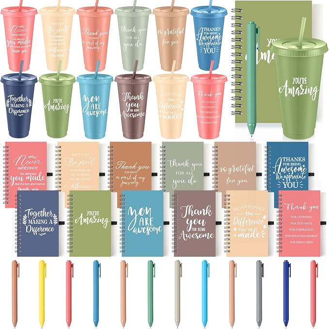 Shellwei 36 Pcs Employee Appreciation Gifts Bulk 24 oz Thank You Tumbler with Lid and Straw Mini Spiral Notebooks and Pens Appreciation Gifts for Team Employee Coworkers Teacher (Different)