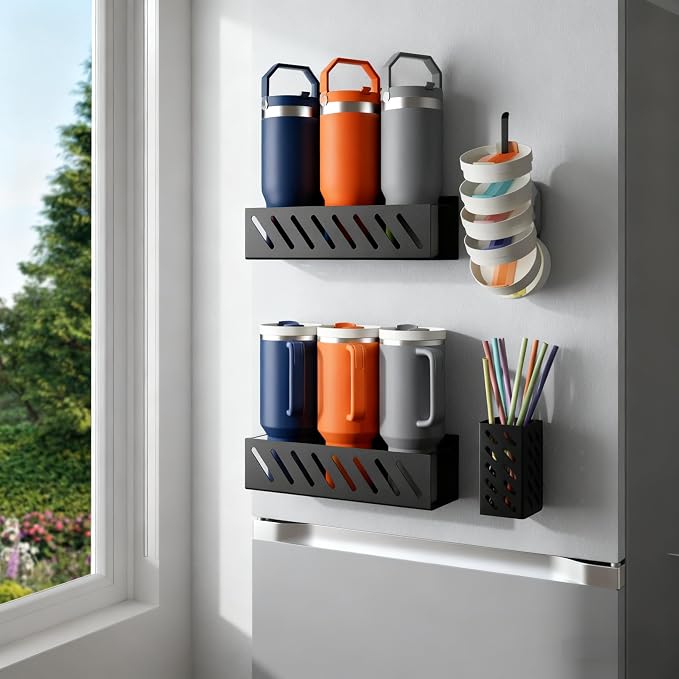 Magnetic Stanley Cup Organizer (2-Count) - Secure Fridge Mount for Full-Size 30/40 oz Tumblers with Lid & Straw Storage (6 Tumblers)