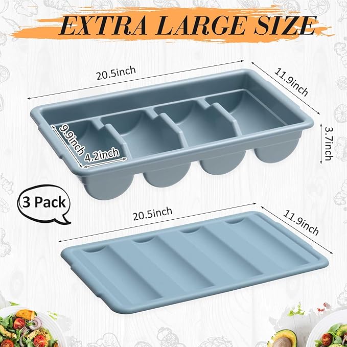 Maxdot 3 Pcs 20.5 x 11.9 x 3.7 Inch Silverware Organizer with Lid, Commercial 4-compartment Restaurant Kitchen Cutlery Tray, Plastic Silverware Storage Container, Condiments Holder (Grayish Blue)