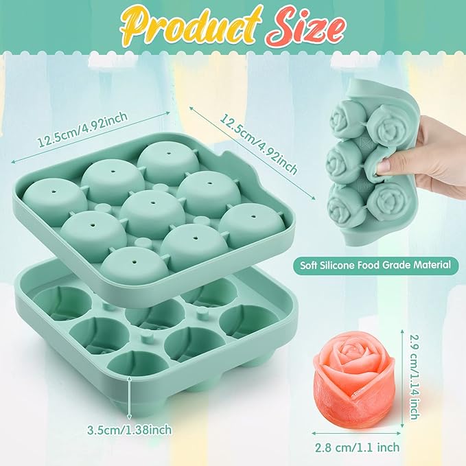 Censen 4 Pcs Silicone Rose Ice Cube Mold with Covers Fun Shapes Flower Ice Cube Mold Trays Maker 9 Cavity Easy Release Form for Whiskey Bourbon Cocktails Wine Coffee Juices and More